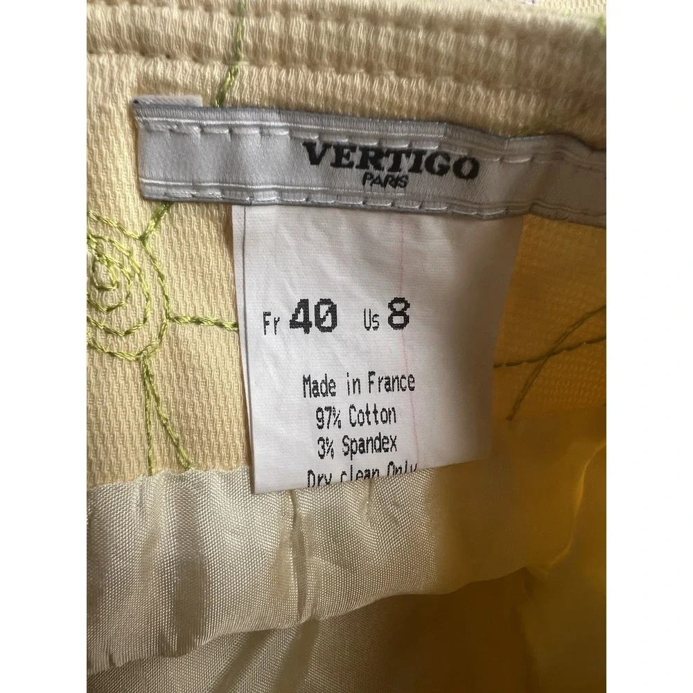 Vtg 90s Vertigo Paris Yellow Pencil Skirt Made In France 8 Embroidered Floral